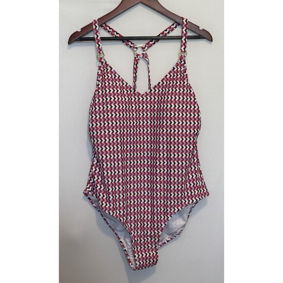 Kona Sol One-Piece Swimsuit Women’s Size 17 Red White Blue Zigzag Strappy‎ Back - Picture 3 of 5